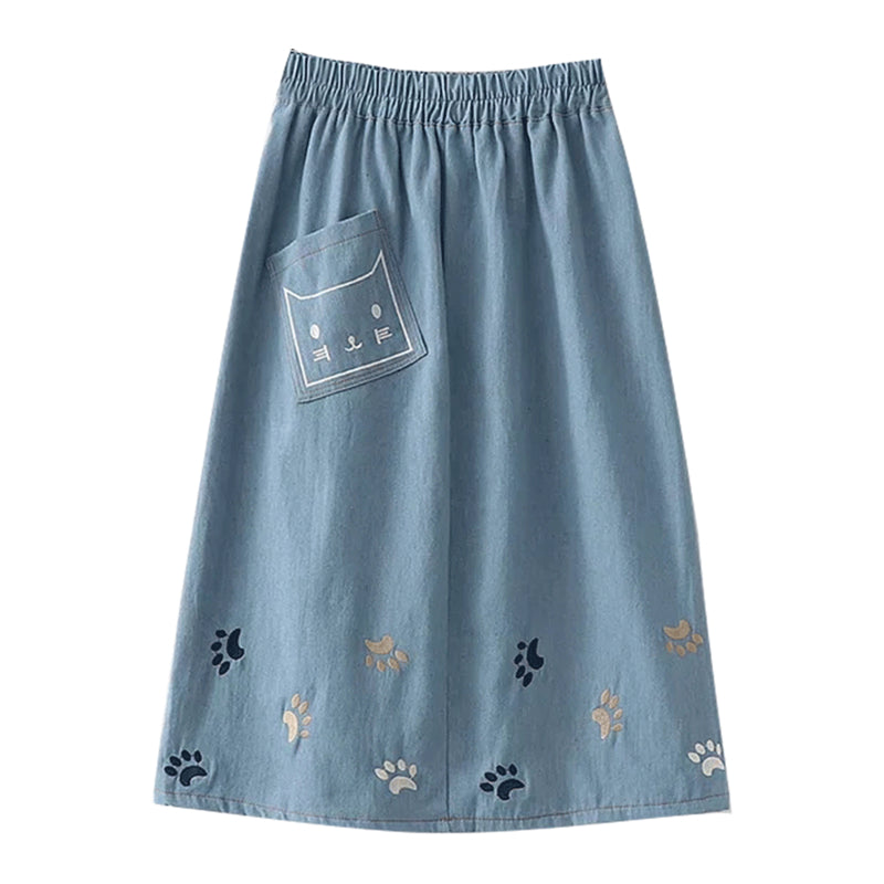 BLUE CAT FOOTPRINT EMBROIDERED DENIM SKIRT UB2498