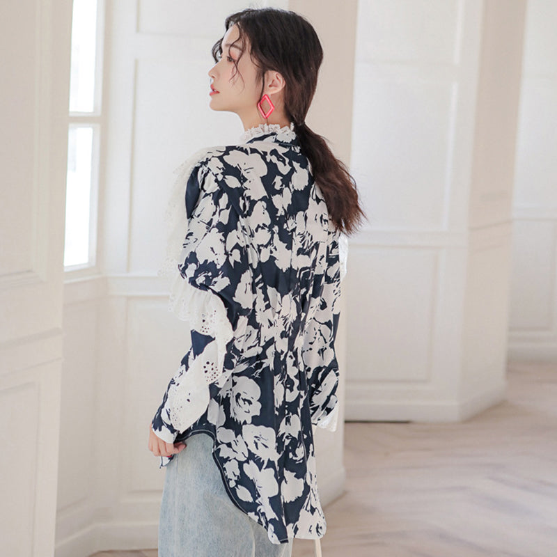 CHIC FLOWER PRINT LACE LONG SLEEVE SHIRT UB2835