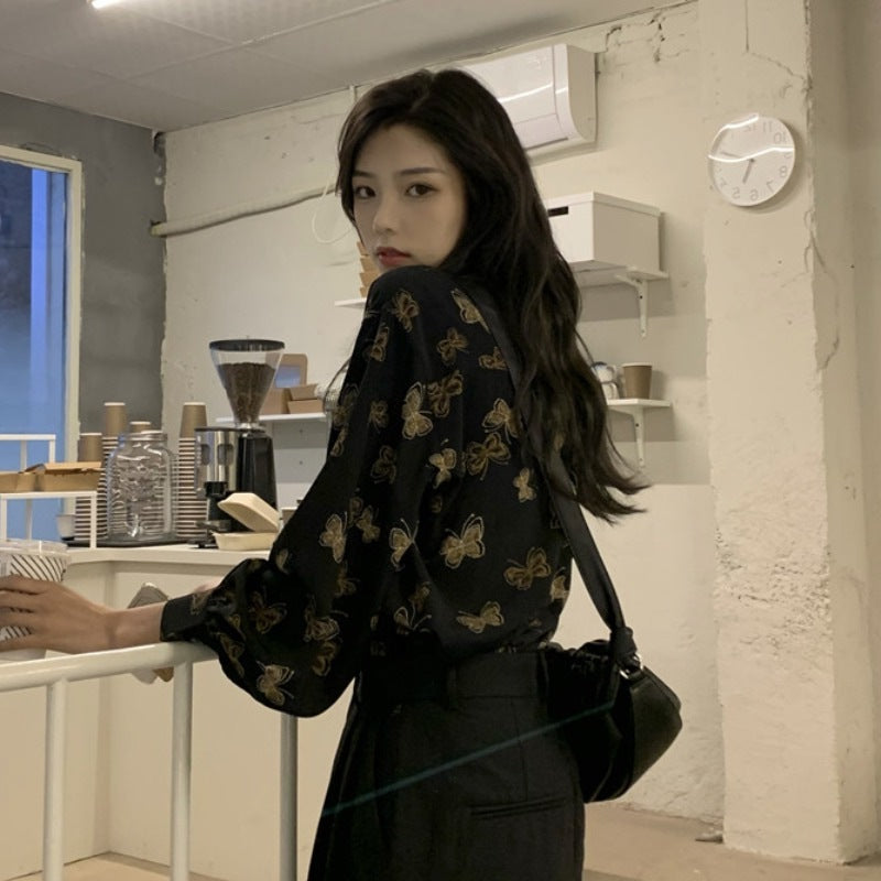 "BLACK BUTTERFLY PRINT LONG SLEEVE" SHIRT N030902