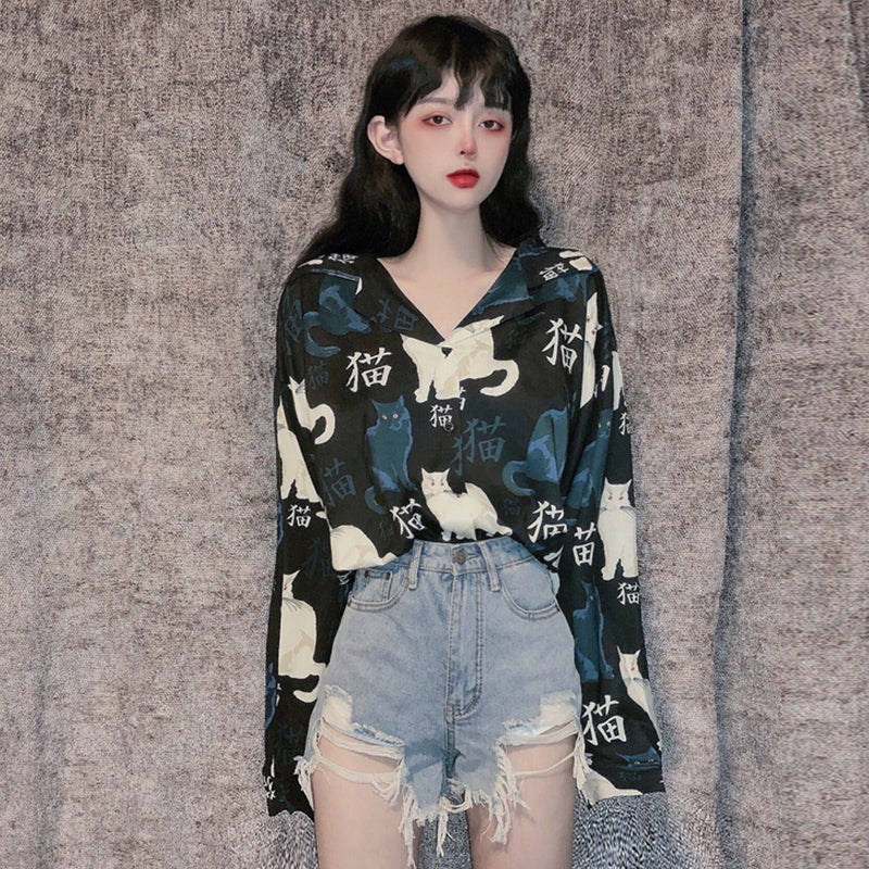 "BLACK FULL PRINT CAT LONG-SLEEVED" SHIRT N042701