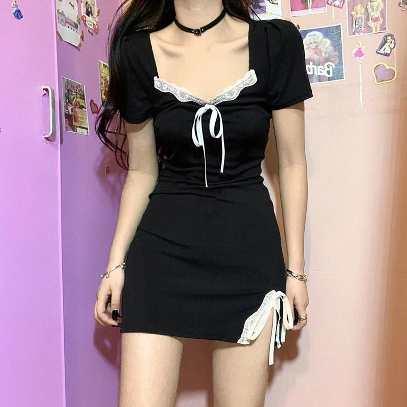 BLACK LACE AND BOW SPLIT DRESS UB2475