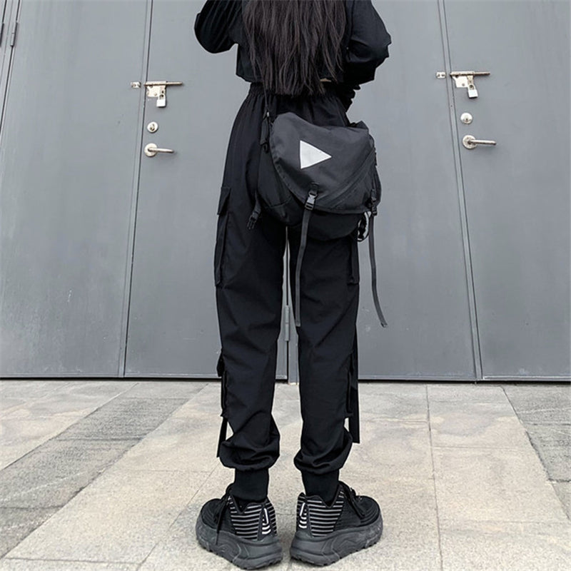 BLACK DRAWSTRING LOOSE CARGO PANTS UB2696