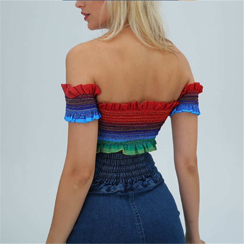 "RAINBOW STRIPED NECKLINE" CROP TOP N081704