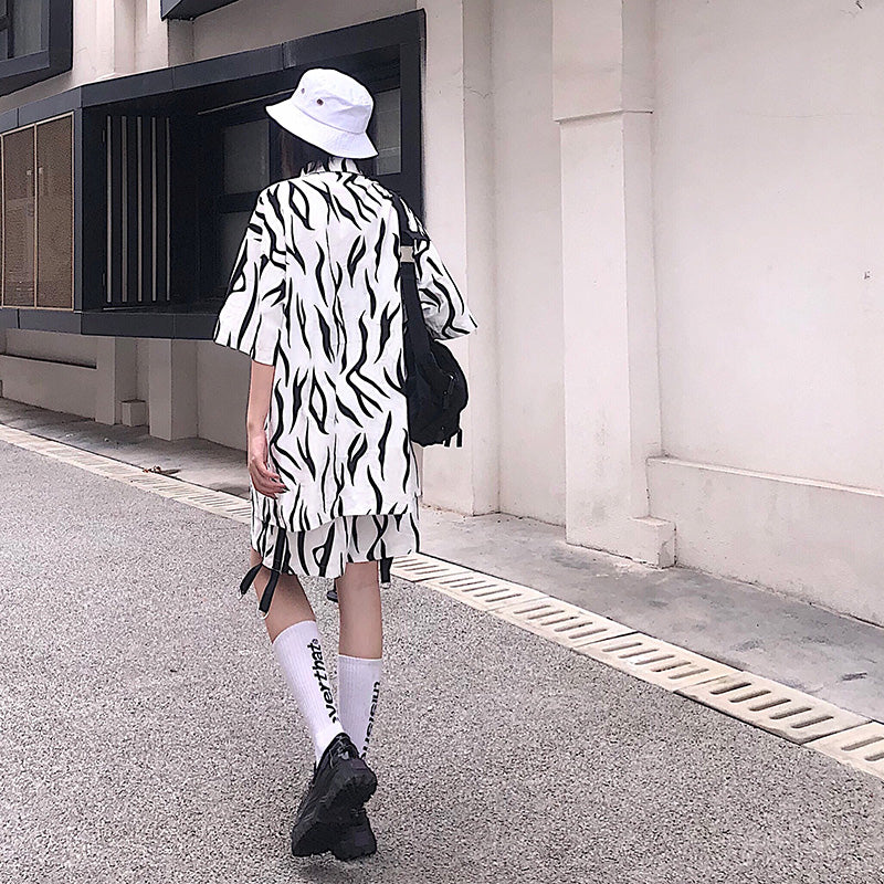 "BLACK WHITE ZEBRA PRINT SHIRT + SHORTS" SUIT UB2405