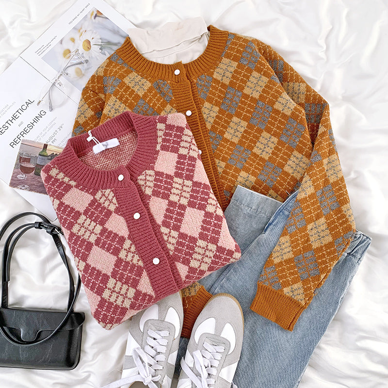 "VINTAGE DIAMOND CHECK KNITTED" CARDIGAN N031605