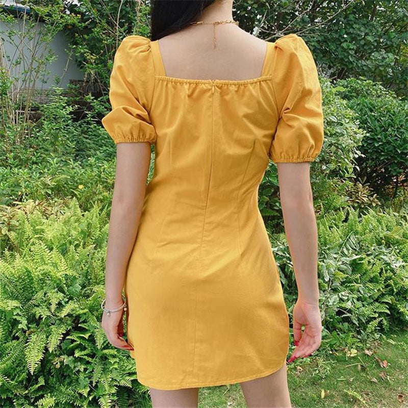 "YELLOW/BLACK/BLUE BOWKNOT PUFF SLEEVE" DRESS N051305