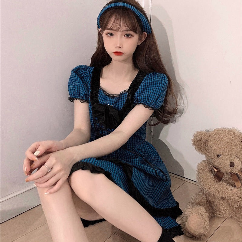 LOLITA BLUE PLAID BOW PUFF SLEEVE DRESS UB2731