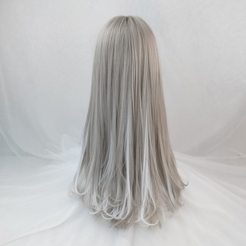 "GRAY WHITE BANGS LONG CURLY" WIG N111308