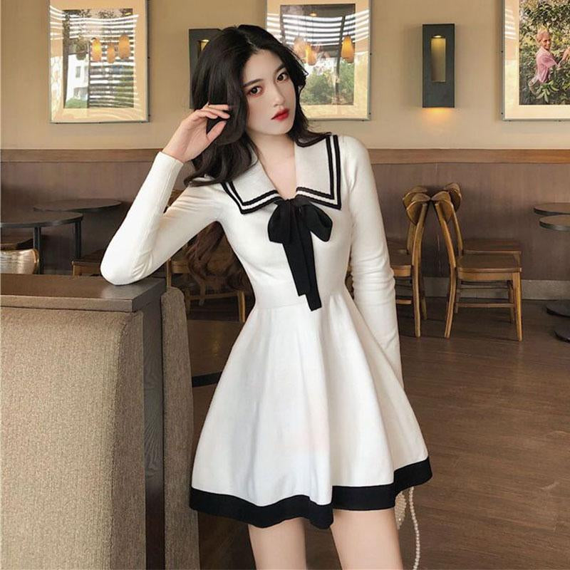 BLACK/WHITE CUTE BOW KNITTED DRESS UB2673