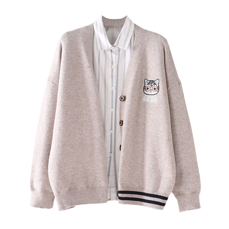 "CARTOON CAT EMBROIDERY KNITTED" CARDIGAN N123003
