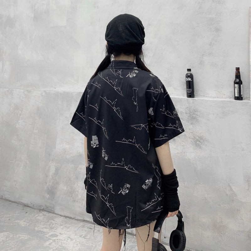 "BLACK LOOSE GRAFFITI PRINT SHORT-SLEEVED" SHIRT N040802