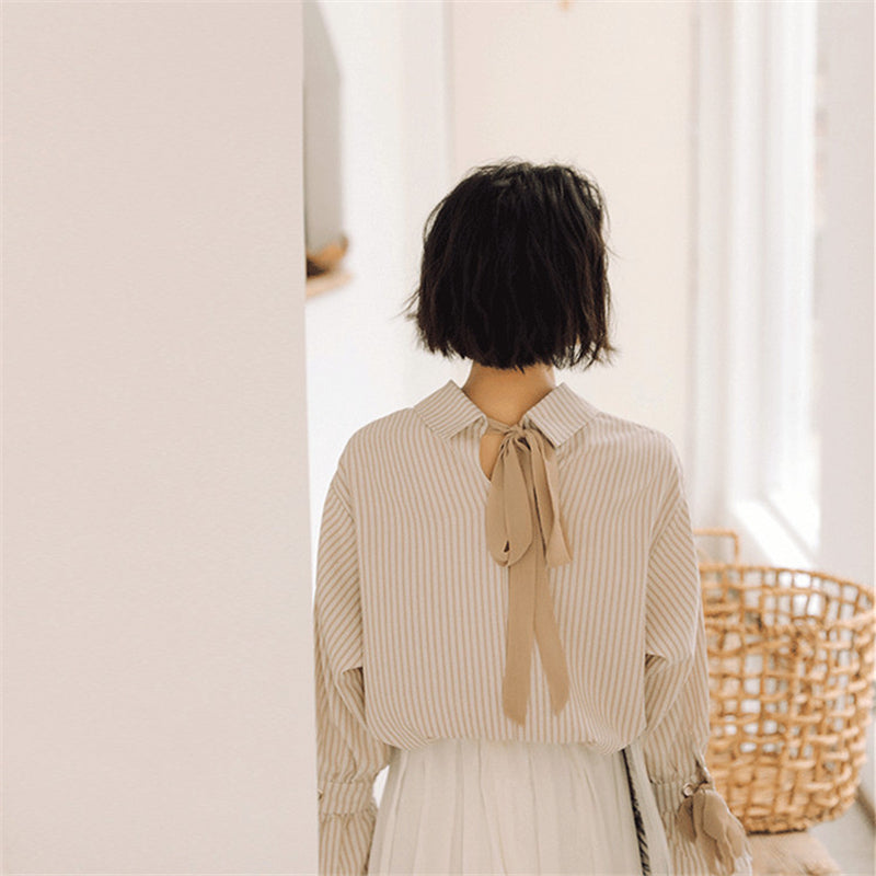 BEIGE/PINK STRIPED FLARED SLEEVE SHIRT UB2663