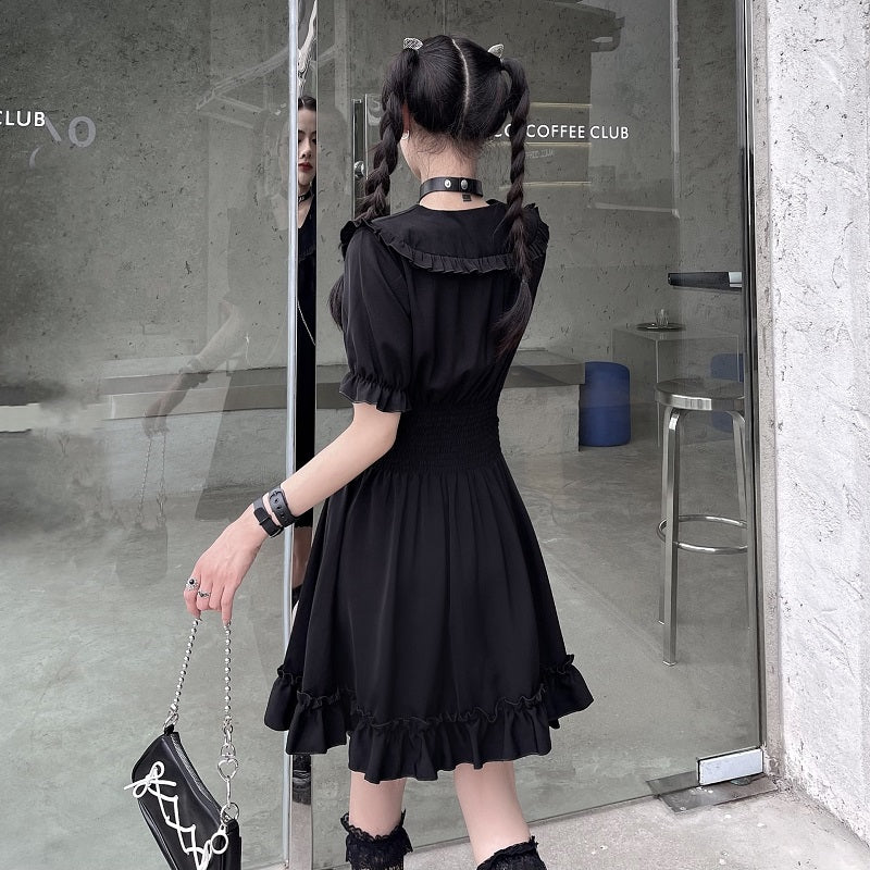 "DARK CHAIN RUFFLES PUFF SLEEVE" DRESS N053101