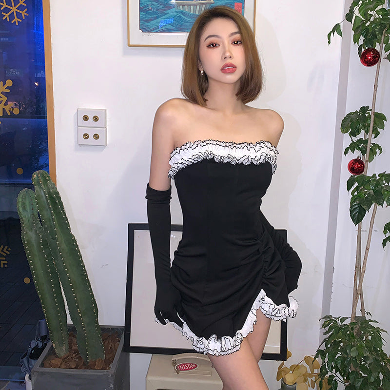 "BLACK WHITE RUFFLES LACE STRAPLESS" DRESS (WITH GLOVES) UB2465