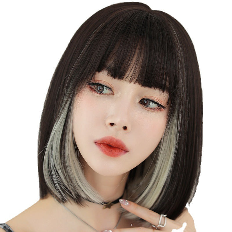 BEIGE BLACK NATURAL BANGS SHORT STRAIGHT WIG UB2566