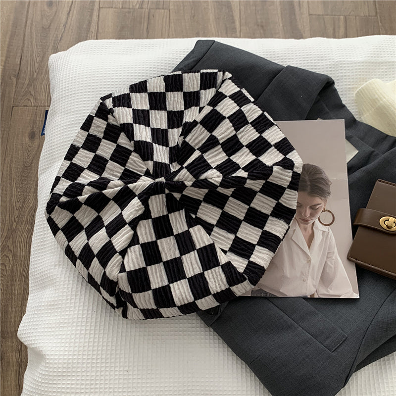BLACK WHITE CHECKER CORDUROY BERET UB2738