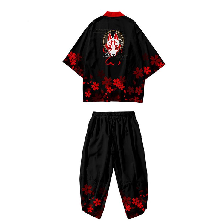 Fox Sakura Print Kimono Vintage Casual Cardigan Pants Set UB7324