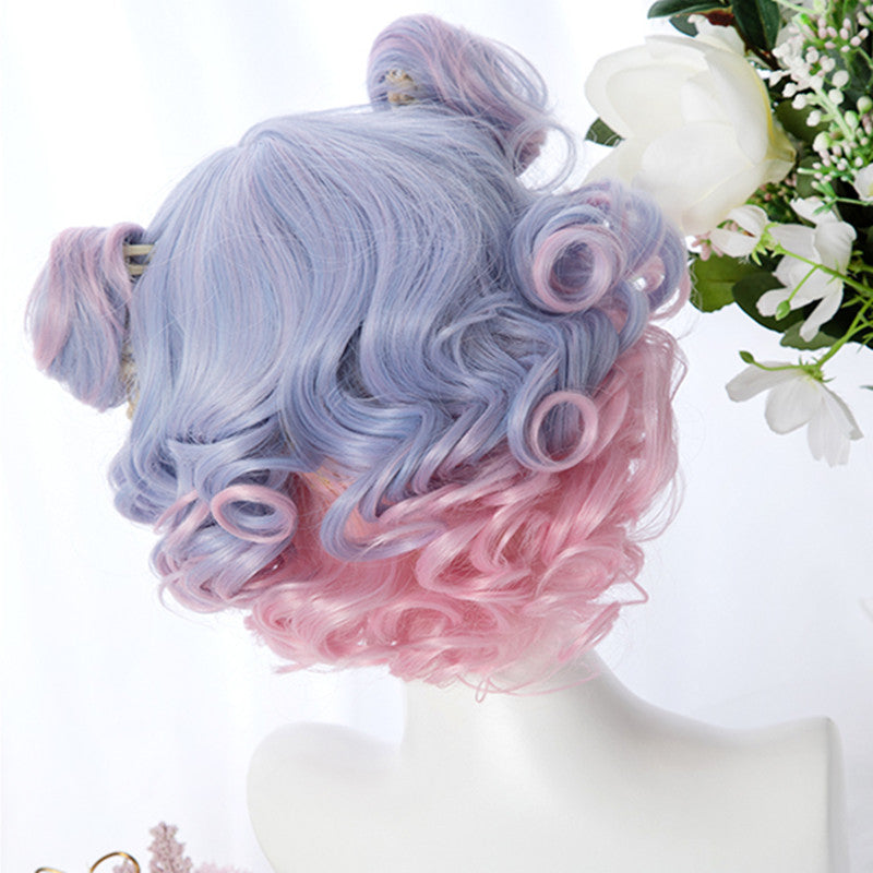 "BLUE PINK GRADIENT BANGS SHORT CURL" WIG D051603