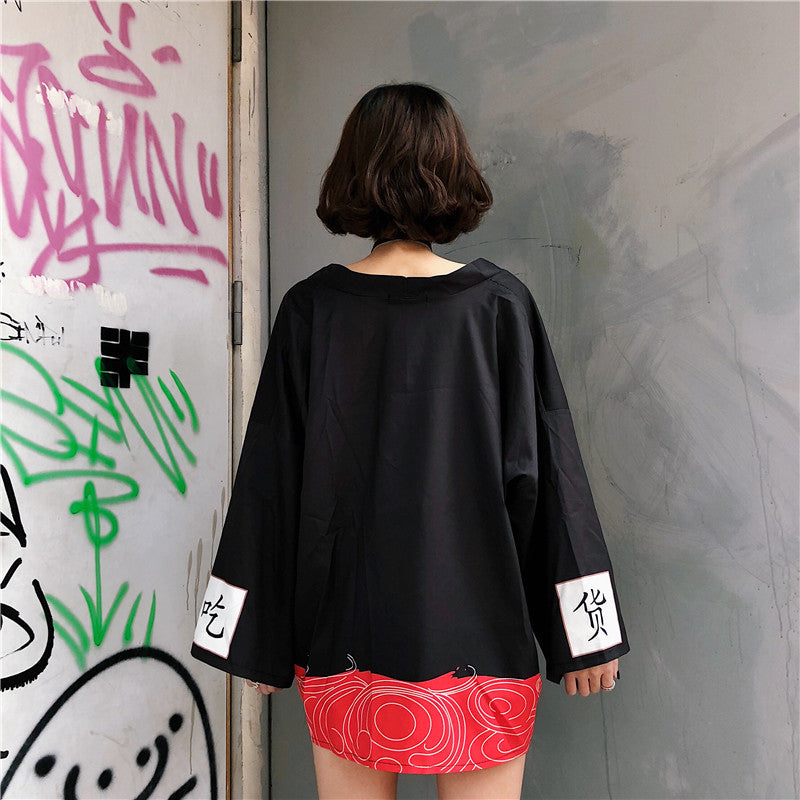 "RED CHILI PRINTS EAT LOOSE" SUNSCREEN KIMONO D051404