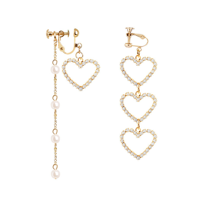 "LOVE HEART DIAMOND PEARL TASSEL ASYMMETRIC" EARRINGS D070819
