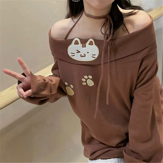 Cute Kitten One-shoulder Sweater UB99157