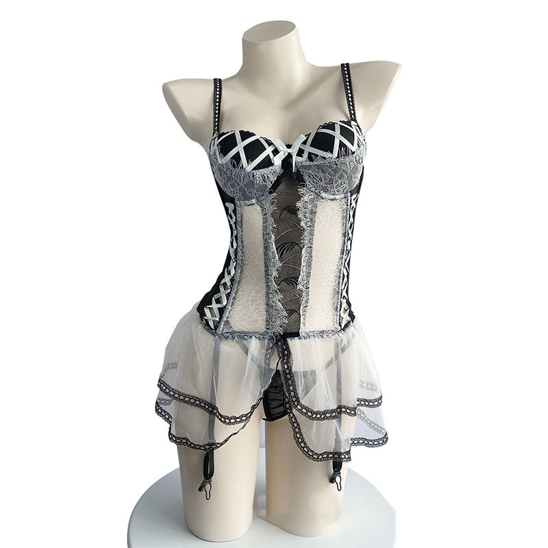 One-Piece Ruffle Lace Ribbon Lingerie Dress UB10040