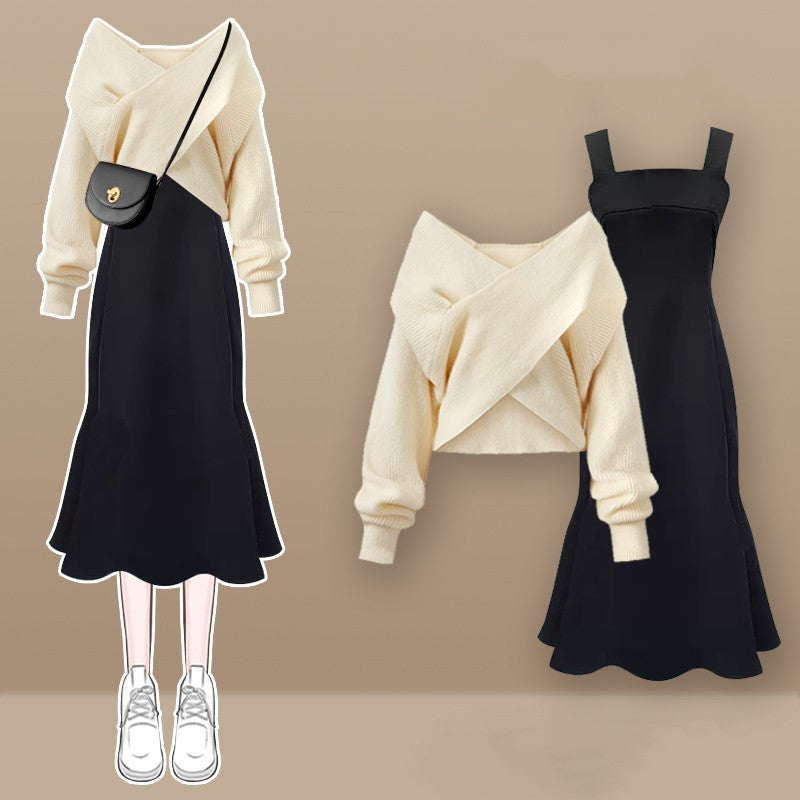 Knitted sweater + suspender dress 2-piece set  UB98567