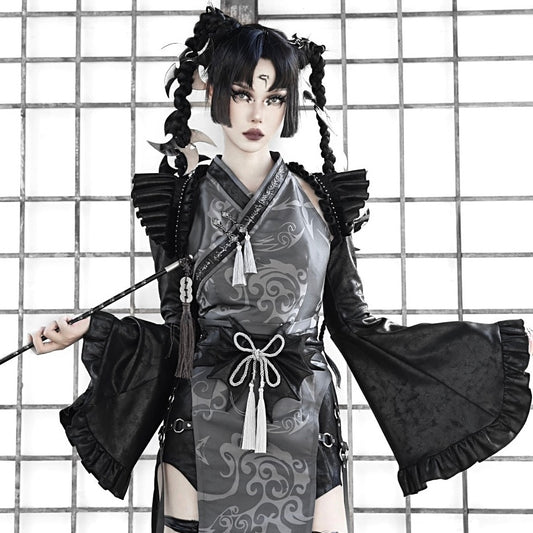 Gray Black Velvet Cardigan Jacket KF83713