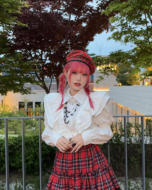 White Shirt Puff Sleeve Top/Black Shorts UB3221