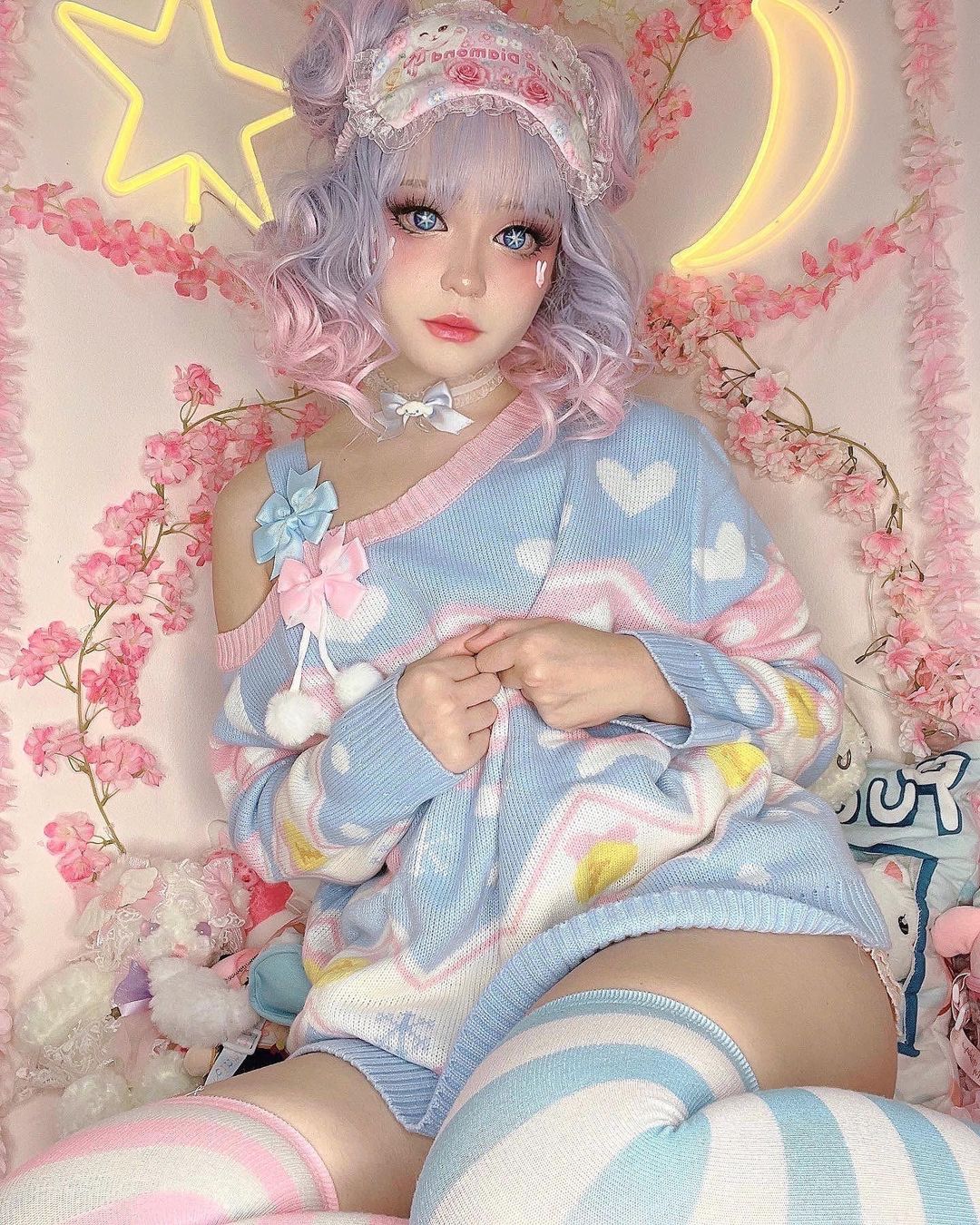 "BLUE PINK GRADIENT BANGS SHORT CURL" WIG D051603
