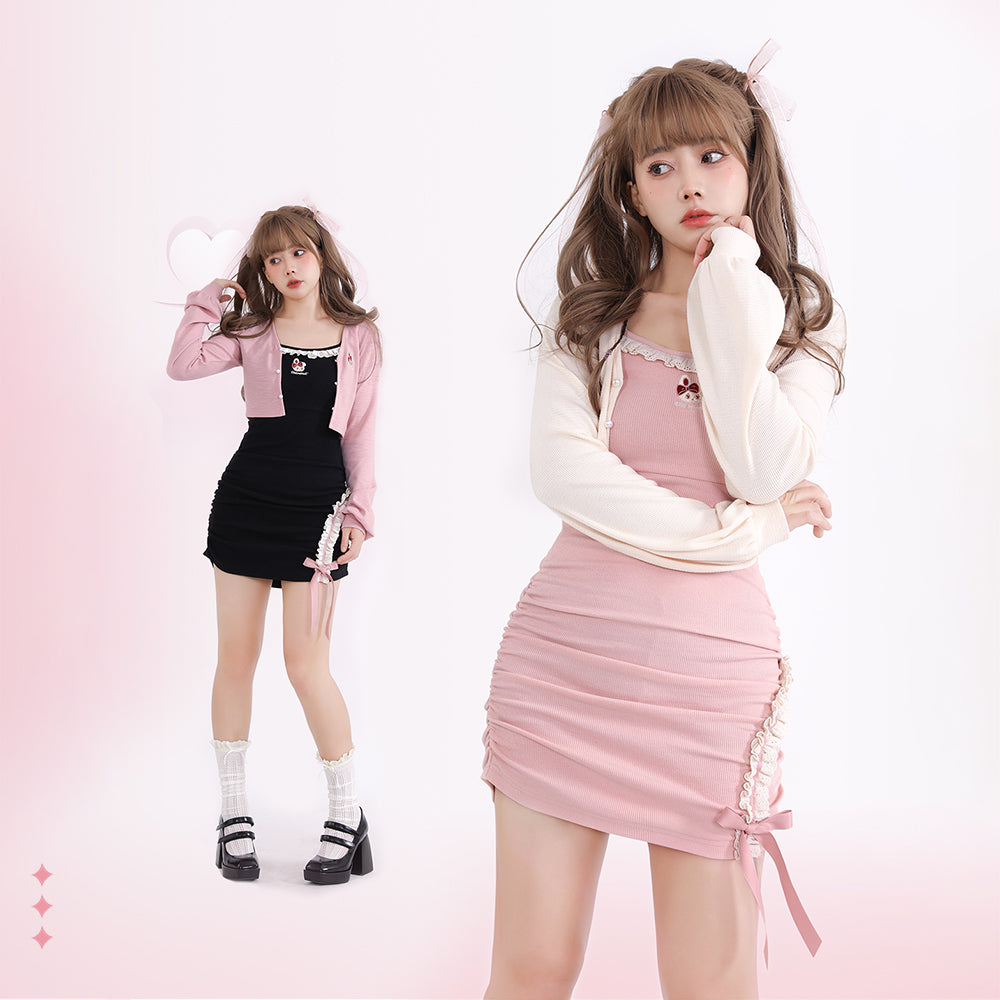 Embroidered Cardigan + Lace Suspender Skirt Suit UB98674