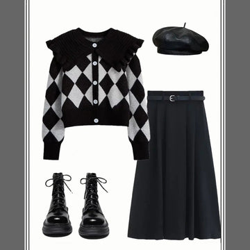 Plaid sweater + black skirt 2-piece set UB98573
