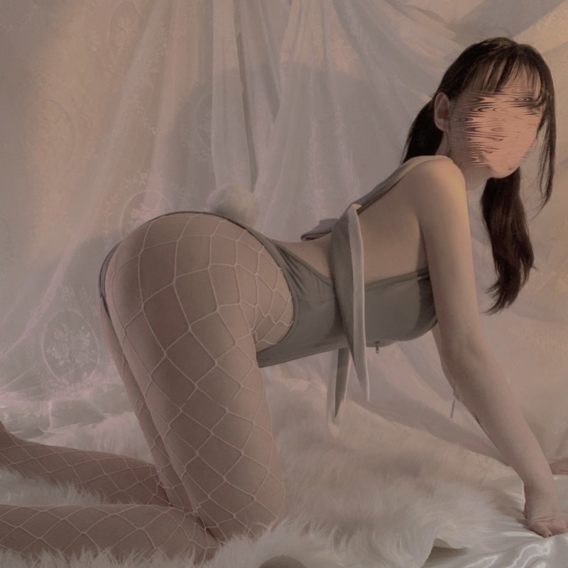 GREY RABBIT EARS HALTER BODYSUIT UB3371