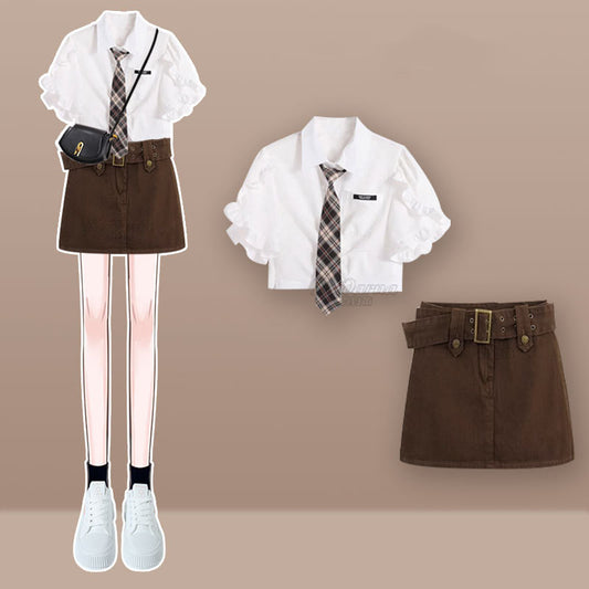 White shirt + brown skirt two-piece set  UB98306