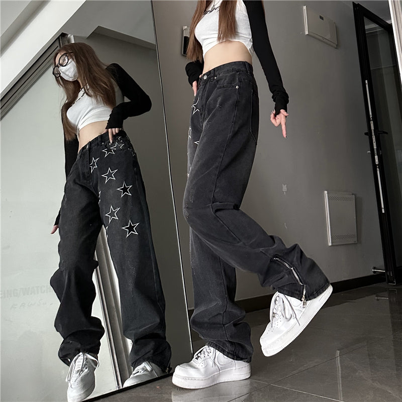 BLACK STAR PRINT LOOSE TROUSERS UB98026