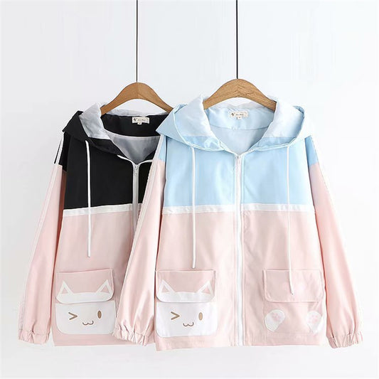 "CUTE POCKET CAT COLORBLOCK" HOODED JACKET Y031603