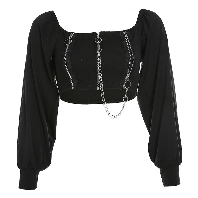 [@gothbynight] "DARK CHAIN SQUARE COLLAR PUFF SLEEVE" TOP K111608