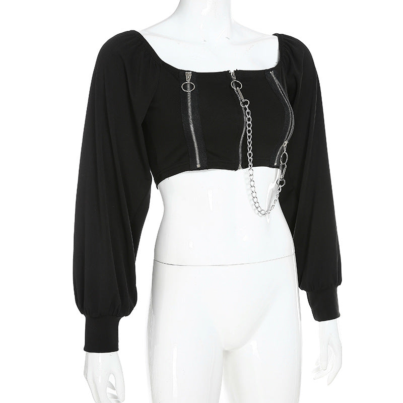 [@gothbynight] "DARK CHAIN SQUARE COLLAR PUFF SLEEVE" TOP K111608