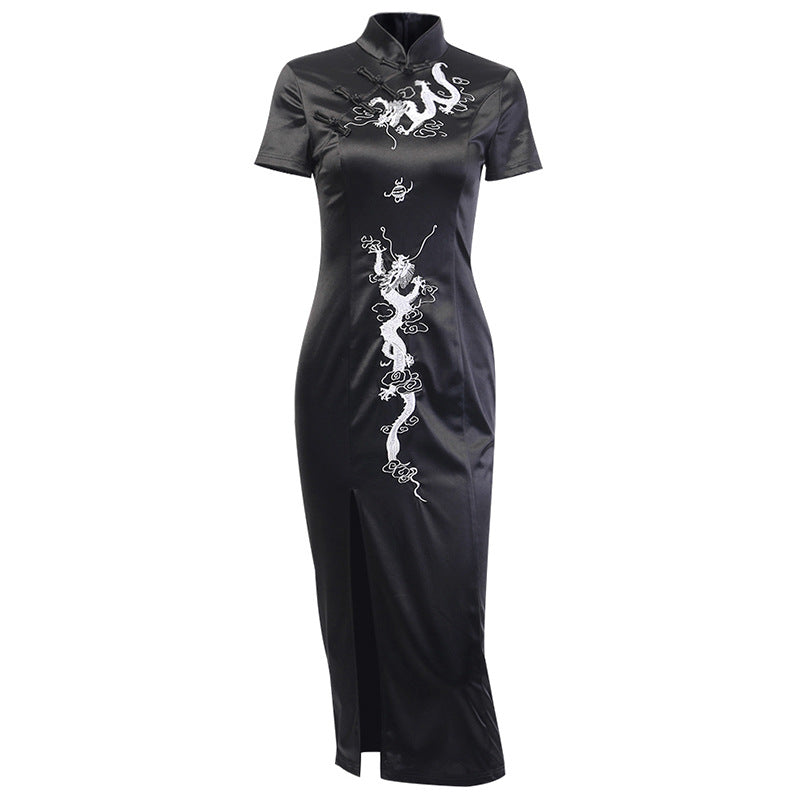 "Dark Embroidered Dragon" Long Cheongsam Dress Y040703