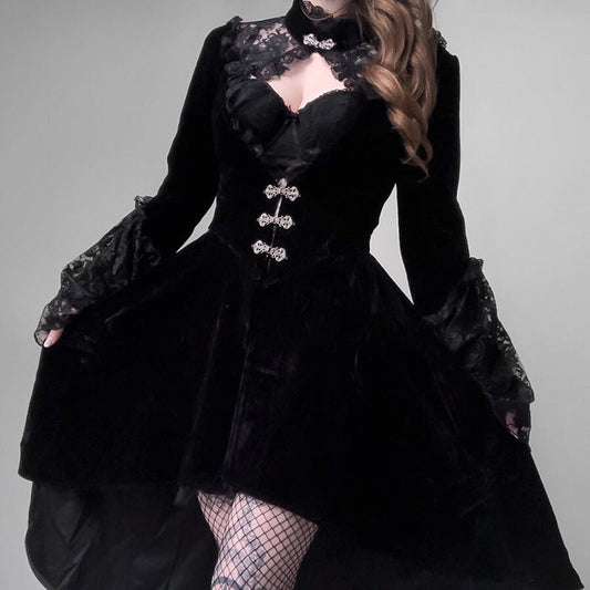 Black Lace Long Sleeve Lantern Sleeve Dress EV4002