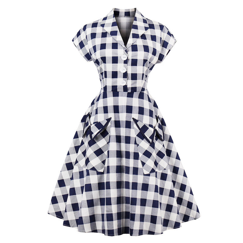 "BLUE WHITE PLAID LAPEL" DRESS H042307