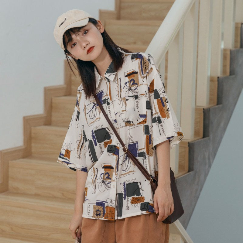 Japanese Abstract Print Short-sleeved Shirt UB6319