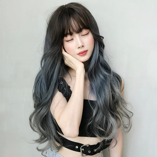 "AIR BANGS BLUE GRAY GRADIENT LONG CURLY" WIG H041914