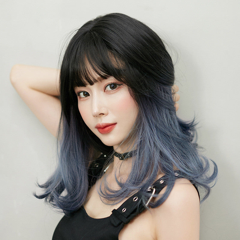 BLACK GRADIENT BLUE SHORT CURLY WIG UB3344