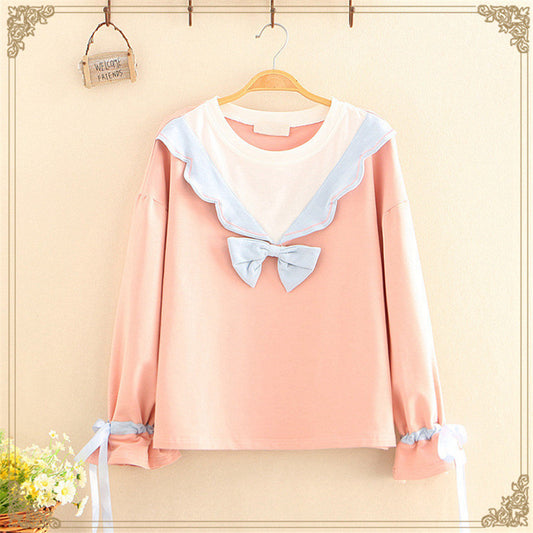 LACE BOW ROUND NECK PULLOVER SWEATSHIRTS UB3137
