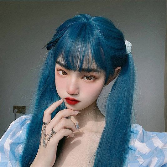 Natural Bangs Blue Long Straight Wig ER5800