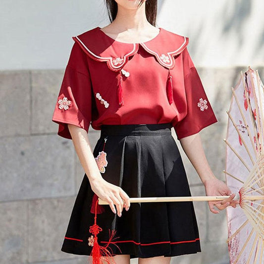 Chinese Style Hanfu Elements Flower Embroidery T-shirt Skirt Set Tassel UB6311