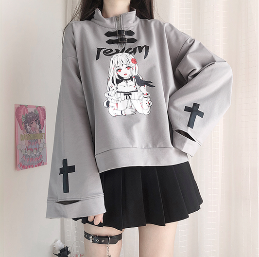 Crow Girl Leather Buckle Zipper Sweater UB3476