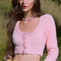 "PINK ROSE BUTTON FLUFFY KNITTED SHORT" CARDIGAN N110906