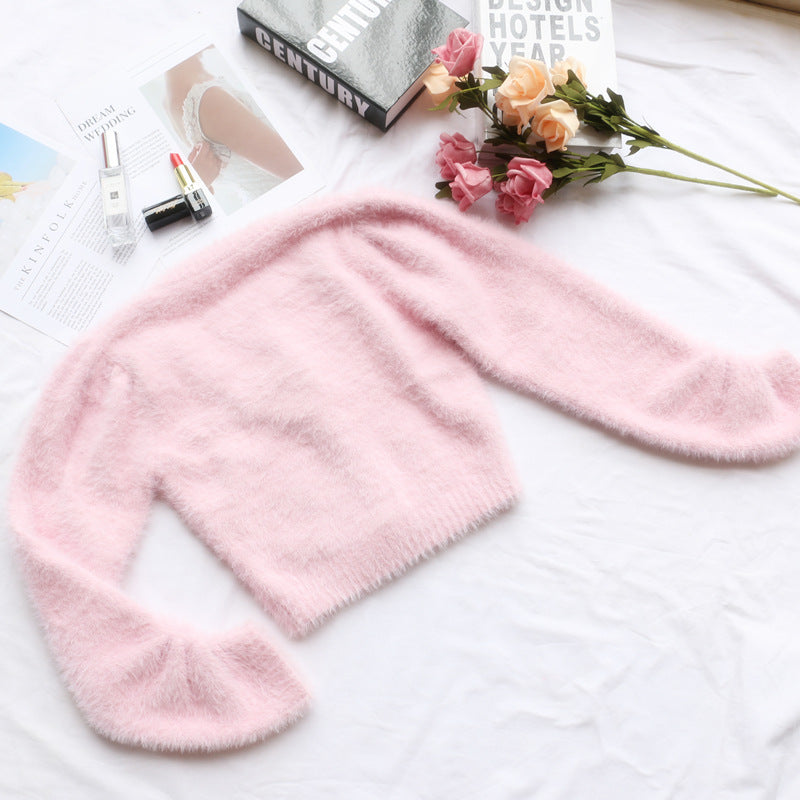 "PINK ROSE BUTTON FLUFFY KNITTED SHORT" CARDIGAN N110906